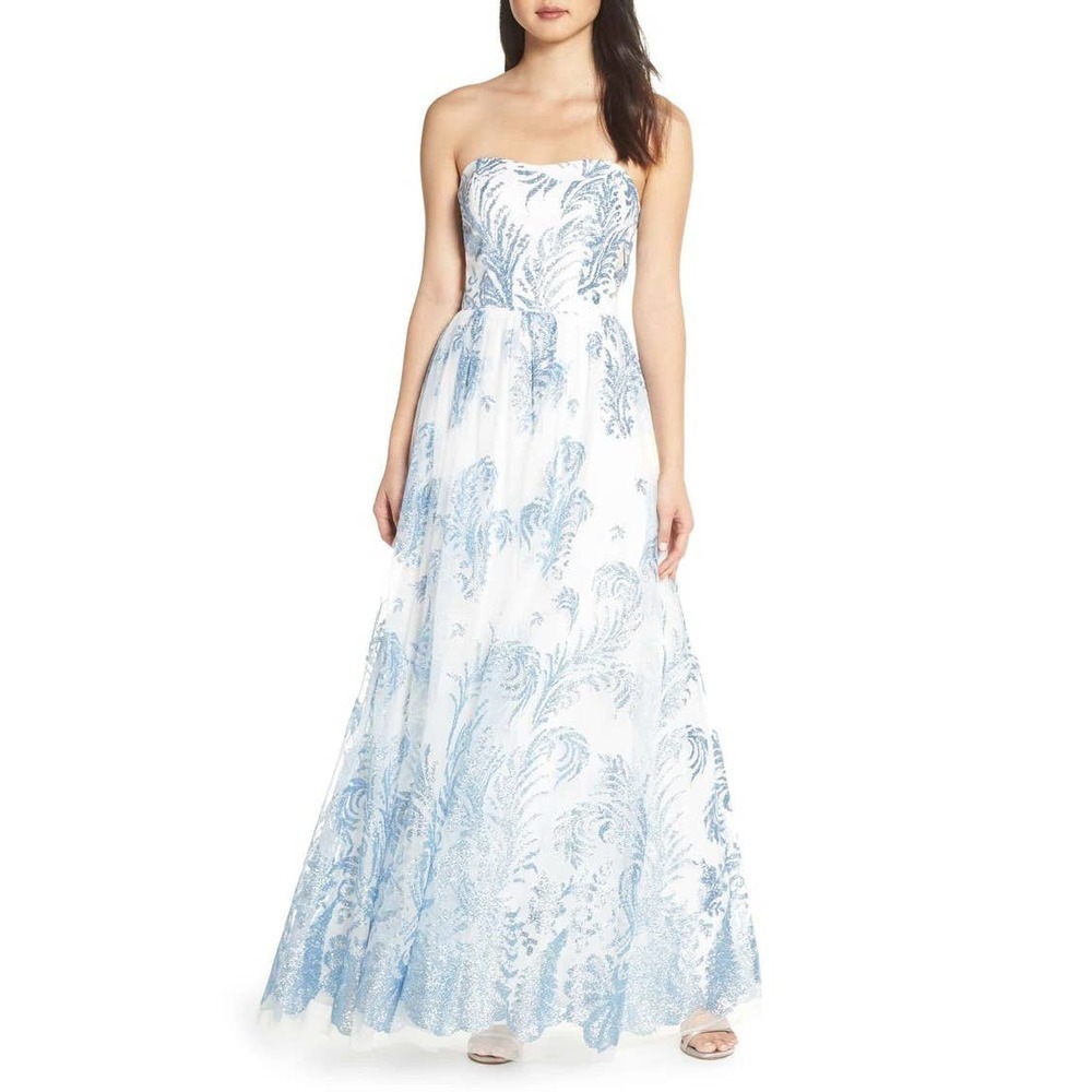 Blondie Nights Strapless Glitter Mesh Evening Dress